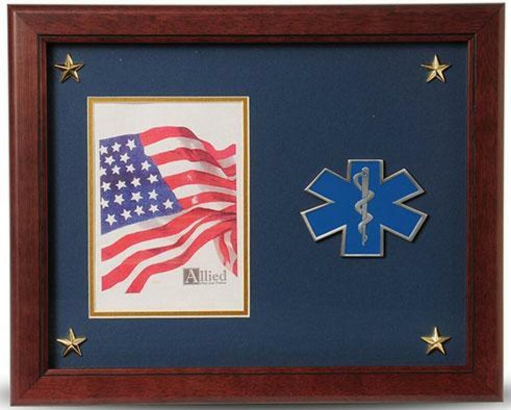 Flag Connections EMS Medallion Picture Frame with Stars, featuring a 5x7 photo space, gold trim, and mahogany wood finish.